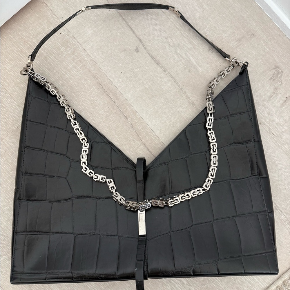 Givenchy Black Leather Shoulder Bag with Croc-Trim